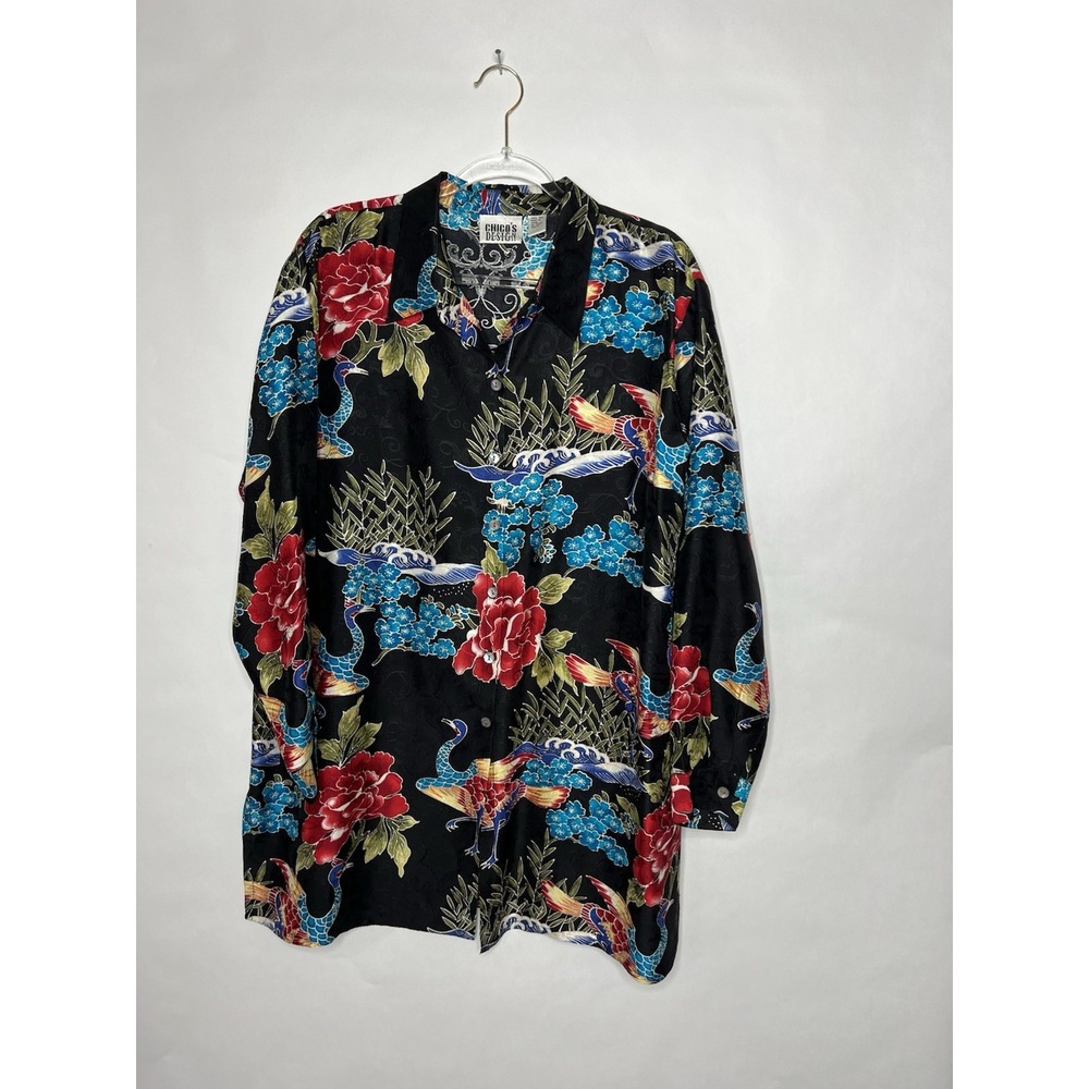 Vtg Chicos 100% Silk Tunic Top XL Bird Floral Asian Art to Wear Statement 90s